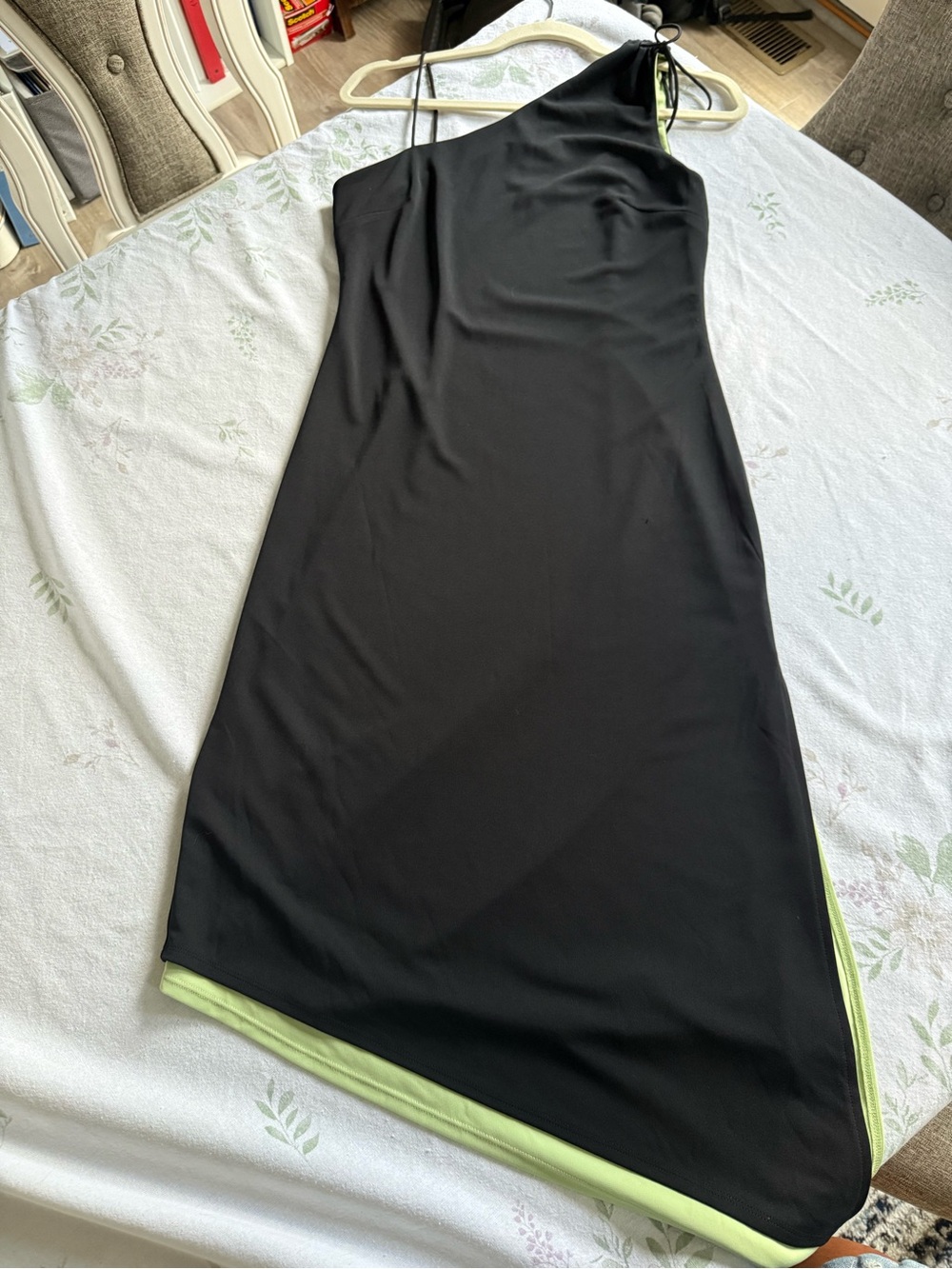Express Black Asymmetrical One-Shoulder Skirt with Lime Trim Y2K